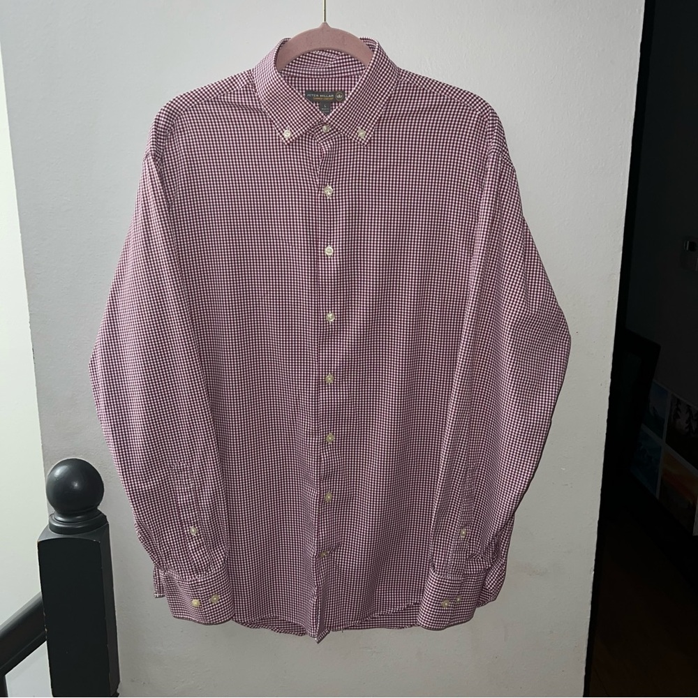 Peter Millar Summer Comfort Long Sleeve Button Up Burgundy White Check Men's L